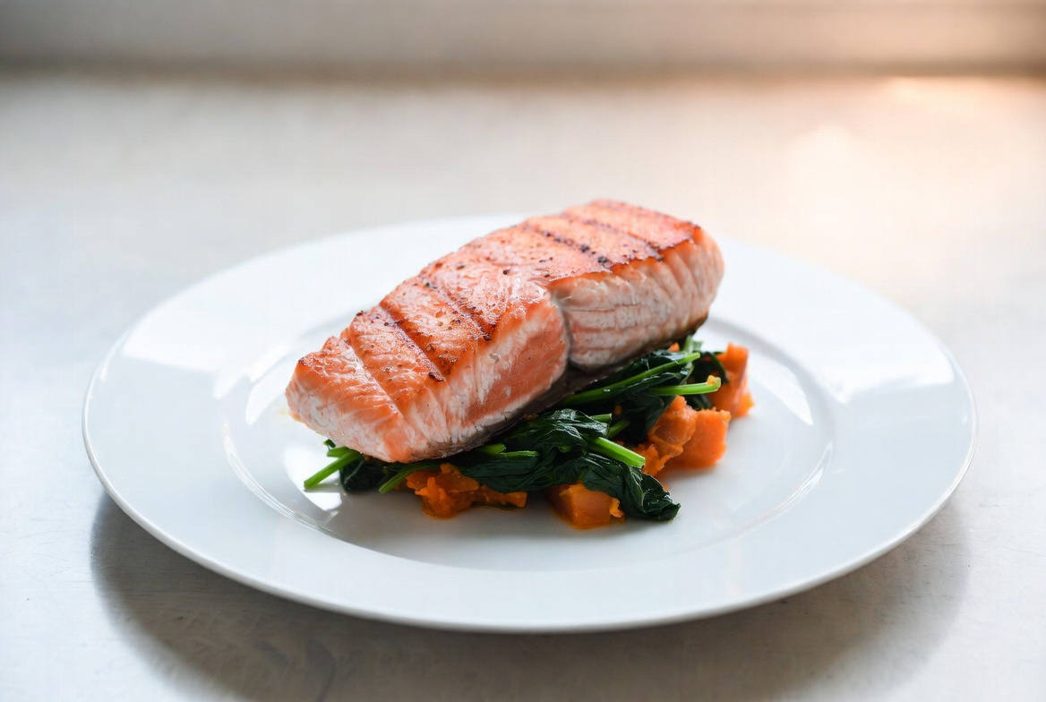 Gegrilde zalm met spinazie en zoete aardappel - eiwitrijke maaltijd